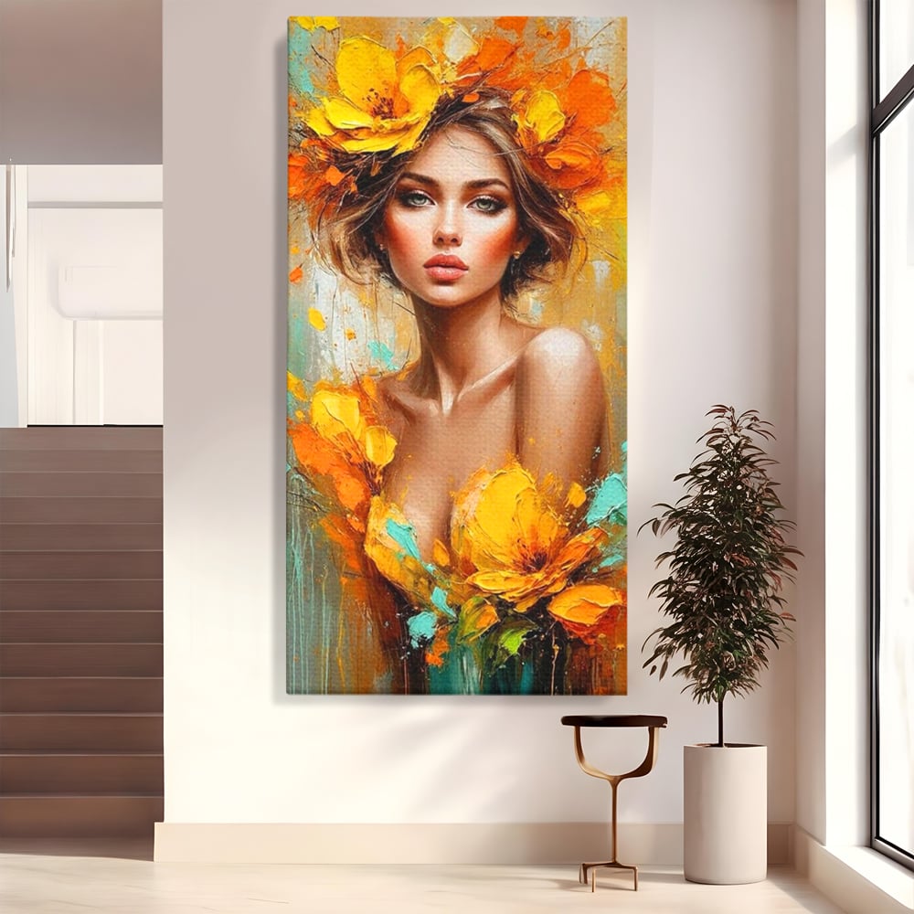 Tablou canvas cu pictura portret femeie cu flori galbene, fara rama, pe sasiu de lemn